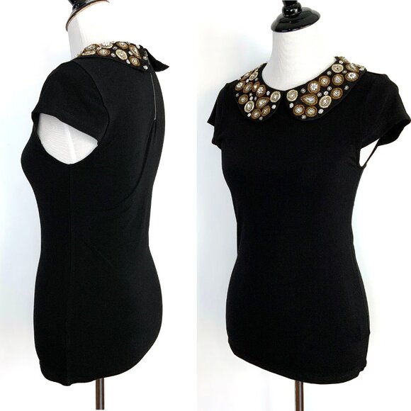 Alice + Olivia Mary Black Embellished Peter Pan Cup Sleeve Top Sz S - Picture 7 of 16